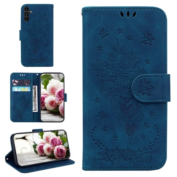 For Samsung Galaxy A13 Case 4G , Butterfly Embossed Pattern PU Leather Magnetic Folio Flip Kickstand Protective Cards Pocket with Hand Strap Wallet Cover For Samsung Galaxy A13 4G,Blue