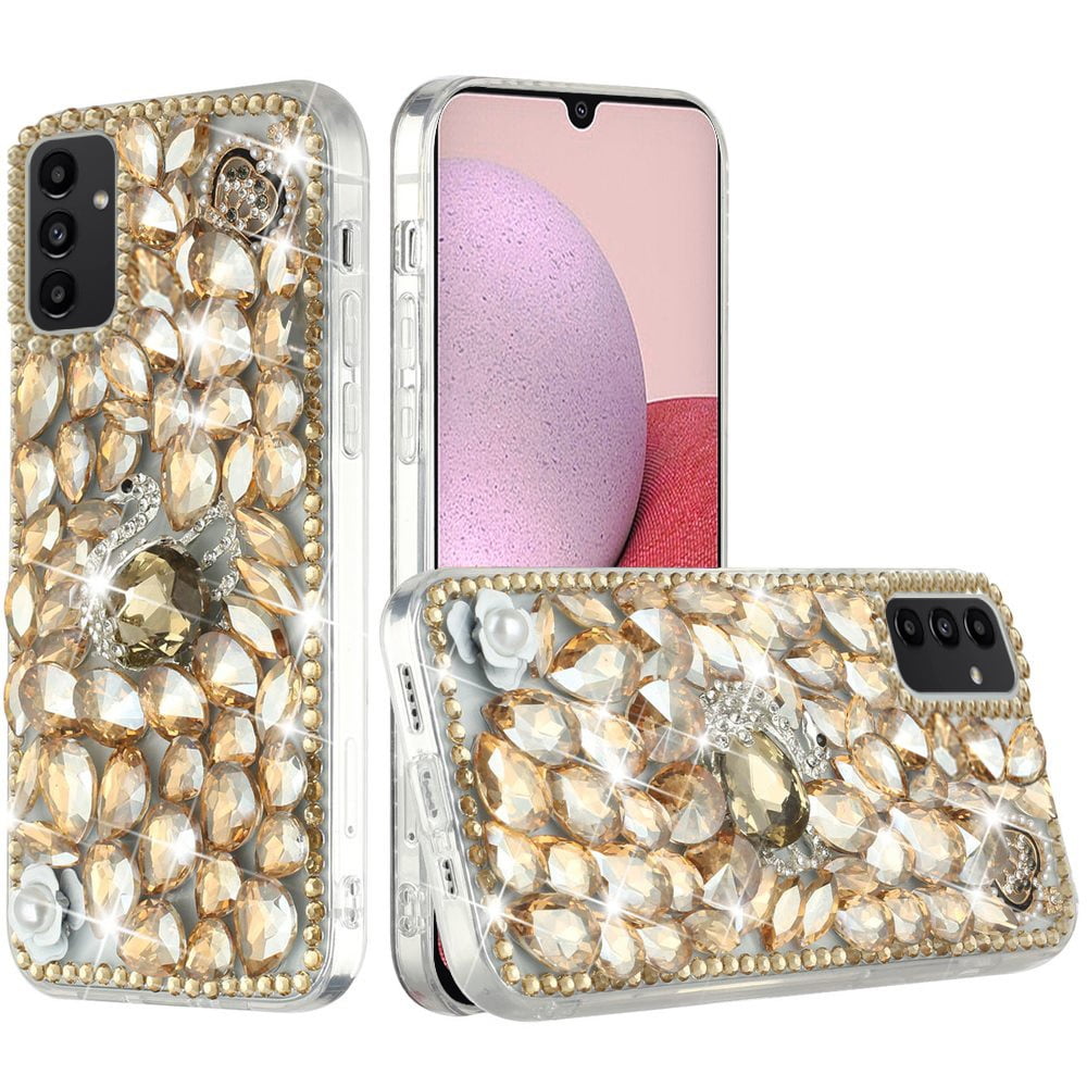 For Samsung Galaxy A14 5G Bling Crystal 3D Full Diamonds Luxury Sparkle  Rhinestone Hybrid Protective Cover ,Xpm Phone Case [ Gold Swan Crown Pearl  ] 