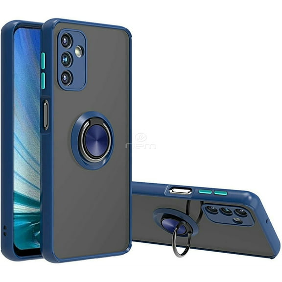 For Samsung Galaxy A14 5G / SM-A146 Impact Metal Ring Holder Stand Magnetic Car Mount Protective Hybrid Case Cover Blue