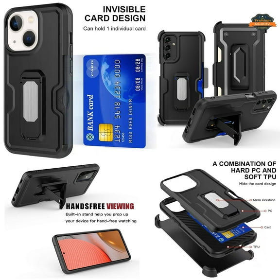 For Samsung Galaxy A15 5G Hybrid Invisible ID Card Slot Wallet with Kickstand Holster Belt Clip Holder Heavy Duty Slim Phone Case Cover by Xpression - Black