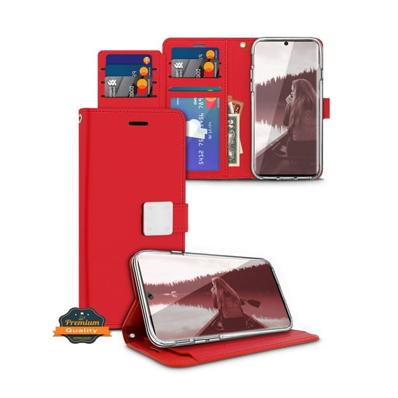 For Samsung Galaxy A15 5G PU leather Wallet 6 Card Slots folio with Wrist Strap & Kickstand Pouch Flip Shockproof Phone Case Cover by Xpression - Red