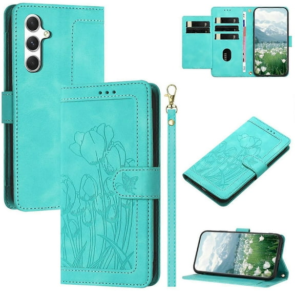 For Samsung Galaxy A16 4G 5G Case Tulip Leather Phone Cover with 5 Card Slots Wallet - Green