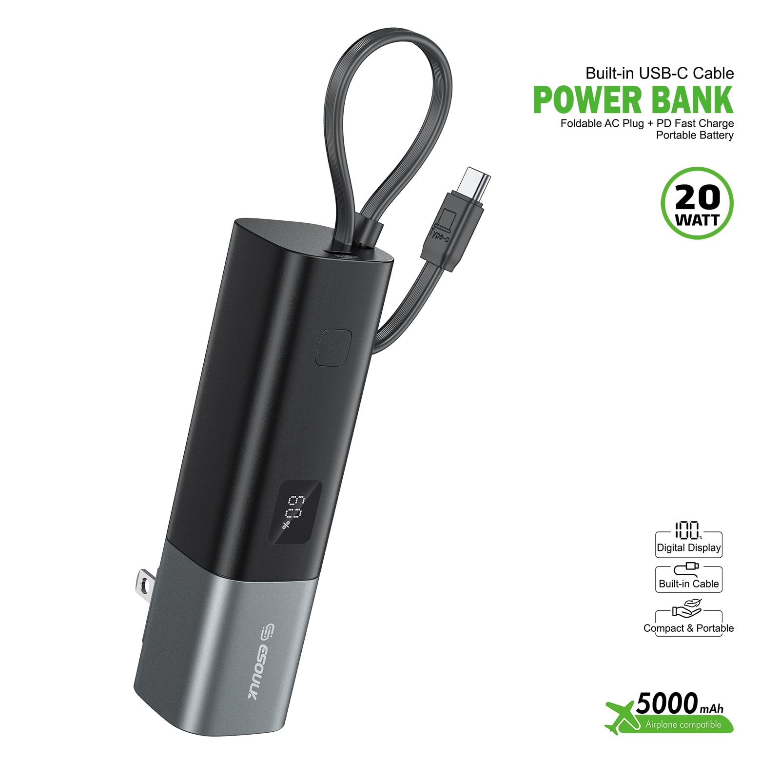 For Samsung Galaxy A16 5G 5000mAh PD 20W Built-in Foldable AC Wall Plug and USB Portable Power Bank Charger
