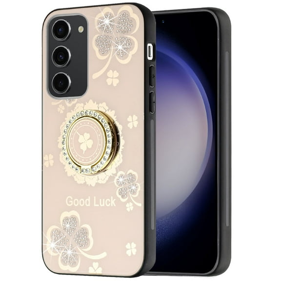 For Samsung Galaxy A16 5G Diamond Bling Sparkly 3D Ornaments Engraving Hybrid with Ring Stand Fashion Cover ,Xpm Phone Case [ Gold Good Luck Floral ]
