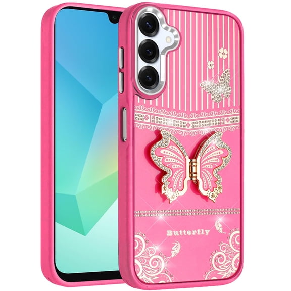 For Samsung Galaxy A16 5G Glitter Butterfly Case with 3D Stand Sparkle Hybrid Metallic Edges Protective Phone Cover Slim Fit Hot Pink]