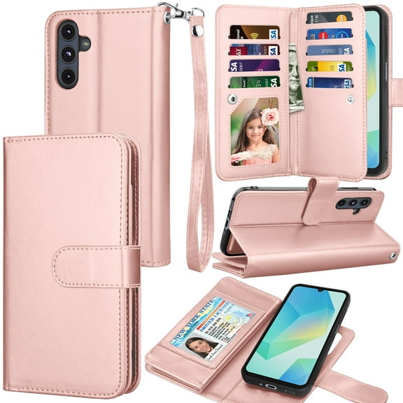 For Samsung Galaxy A16 5G Wallet Case with Credit Card Holder for Women Men, Flip PU Leather Wallet Phone Case for Galaxy A16, Tekcoo Detachable Magnetic Kickstand Cover with Wrist Strap, Rose Gold