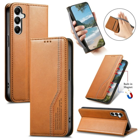 For Samsung Galaxy A17 5G 6.7-inch Case,Elastic Wristband Magnetic Suction Closure Flip Stand Wallet Leather Phone Case,Brown