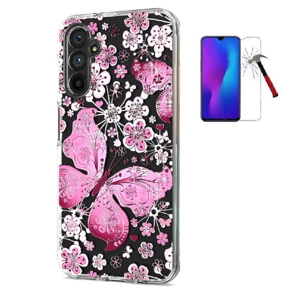 For Samsung Galaxy A17 5G Case, Pink Butterfly Design Transparent Shock-Resistant Hybrid Case Cover with Tempered Glass