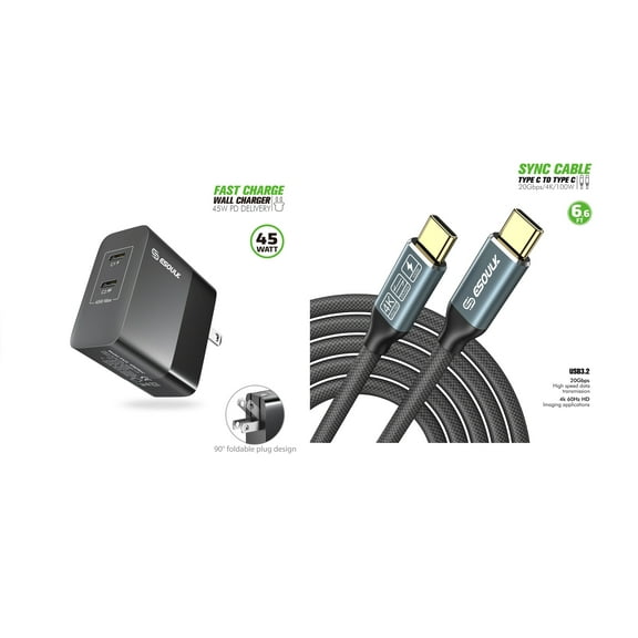 For Samsung Galaxy A17 S176V 45W Fast Home Wall Travel Charger PD USB C + 1 X 6FT 100W Type C to C USB Cable