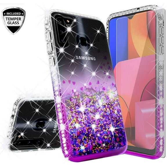 For Samsung Galaxy A21 Case w/ TPU Screen Protector Liquid Quicksand Glitter Cute Bling Girls Women [Shock Proof] for For Samsung Galaxy A21 - Clear/Purple