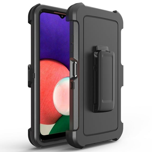 For Samsung Galaxy A22 5G / SM-A226 Heavy Duty Shockproof Armor Protective Hybrid Case Cover With Clip Black/Black