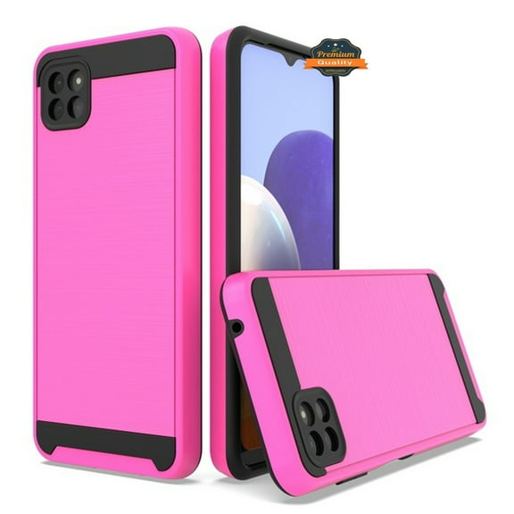 For Samsung Galaxy A22 5G Slim Rugged TPU + Hard PC Brushed Metal Texture Hybrid Dual Layer Defender Armor Shock Absorbing Phone Case Cover by Xpression [Pink]