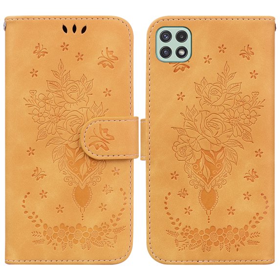 For Samsung Galaxy A22 5G Wallet Case, Butterfly & Rose Embossed Leather Magnetic Flip Phone Case Kickstand Cover Card Cash Pocket Protective Case+Hand Strap,Yellow