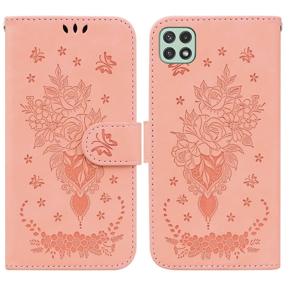 For Samsung Galaxy A22 5G Wallet Case, Butterfly & Rose Embossed Leather Magnetic Flip Phone Case Kickstand Cover Card Cash Pocket Protective Case+Hand Strap,Pink