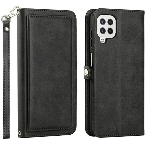 For Samsung Galaxy A22 / SM-A225 Triple Card Slot Flap Folio Stand Leather Wallet Pouch Case Cover Black