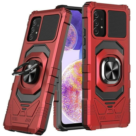 For Samsung Galaxy A23 5G Dropproof Shockproof Kickstand Ring Stand Phone Case Cover With Tempered Glass Screen Protector - Red