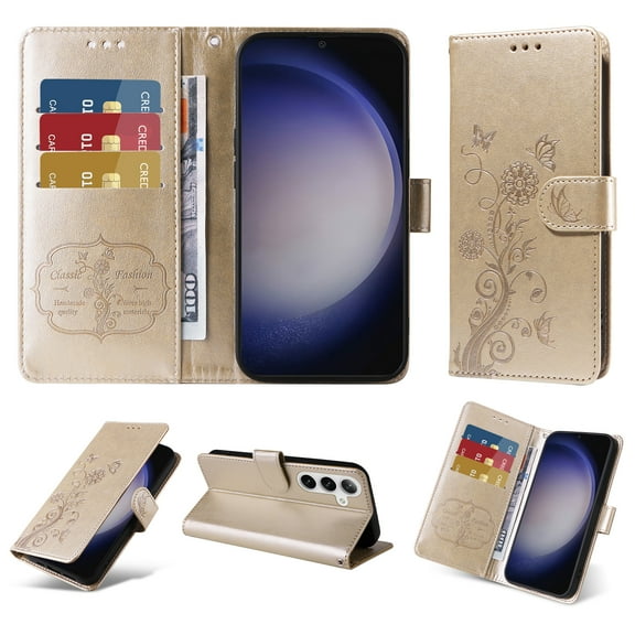 For Samsung Galaxy A24 4G Case Wallet, Stylish Flower Butterfly Embossed PU Leather Flip Cover Stand Shockproof Cards Slots Hand Wrist Phone Case for Samsung Galaxy A24 4G, Gold