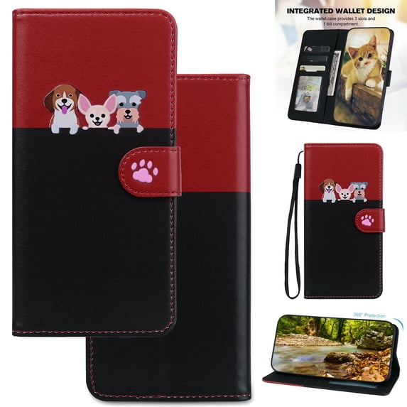 For Samsung Galaxy A25 5G Cute Animal Pattern Wallet Case,Color Matching Premium PU Leather Shockproof Magnetic Flip Kickstand Credit Card Slots Slim Phone Case with Wrist Strap, Black