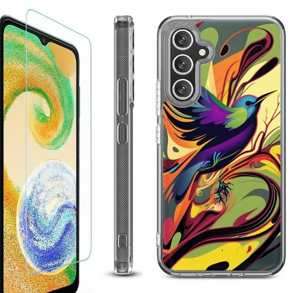 For Samsung Galaxy A26 5G Phone Case Cover, Shockproof Bumper Hybrid Case with Tempered Glass Screen Protector, by OneToughShield - Abstract Bird