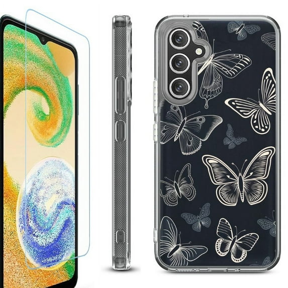 For Samsung Galaxy A26 5G Phone Case Cover, Shockproof Bumper Hybrid Case with Tempered Glass Screen Protector, by OneToughShield - Butterfly BW