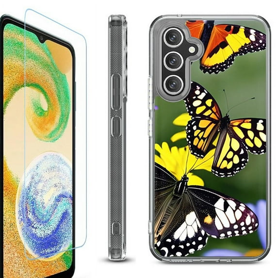For Samsung Galaxy A26 5G Phone Case Cover, Shockproof Bumper Hybrid Case with Tempered Glass Screen Protector, by OneToughShield - Butterfly Flower