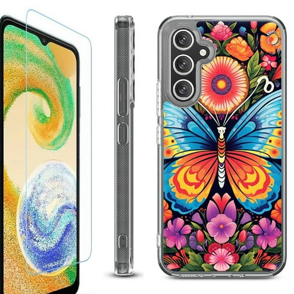 For Samsung Galaxy A26 5G Phone Case Cover, Shockproof Bumper Hybrid Case with Tempered Glass Screen Protector, by OneToughShield - Butterfly Garden