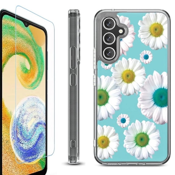 For Samsung Galaxy A26 5G Phone Case Cover, Shockproof Bumper Hybrid Case with Tempered Glass Screen Protector, by OneToughShield - Daisy/Teal