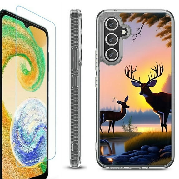 For Samsung Galaxy A26 5G Phone Case Cover, Shockproof Bumper Hybrid Case with Tempered Glass Screen Protector, by OneToughShield - Deer Sunset