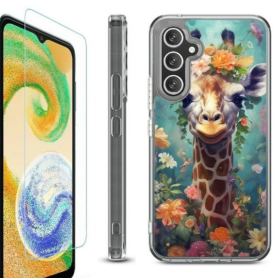 For Samsung Galaxy A26 5G Phone Case Cover, Shockproof Bumper Hybrid Case with Tempered Glass Screen Protector, by OneToughShield - Giraffe Flower