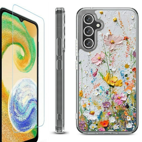 For Samsung Galaxy A26 5G Phone Case Cover, Shockproof Bumper Hybrid Case with Tempered Glass Screen Protector, by OneToughShield - Pastel Flowers