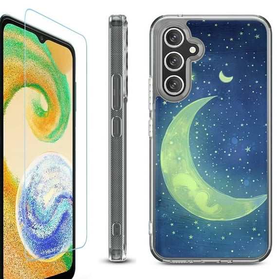 For Samsung Galaxy A26 5G Phone Case Cover, Shockproof Bumper Hybrid Case with Tempered Glass Screen Protector, by OneToughShield - Whimsical Moon