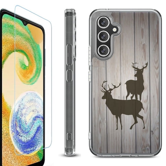 For Samsung Galaxy A26 5G Phone Case Cover, Shockproof Bumper Hybrid Case with Tempered Glass Screen Protector, by OneToughShield - Wood/Deer