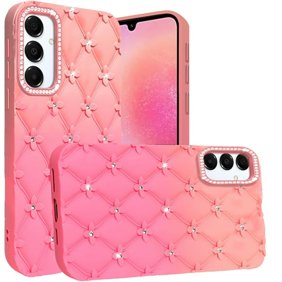 For Samsung Galaxy A26 Floral Joy Glitter Shimmer Leather Feel Thick TPU Case - Orange/Pink