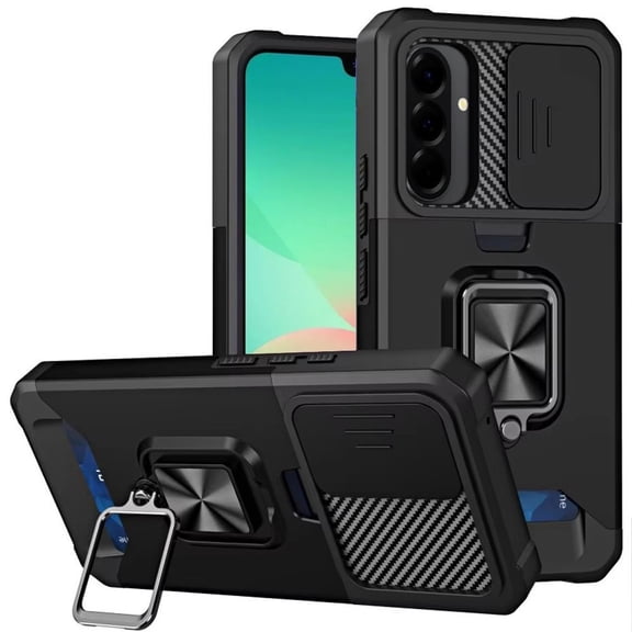 For Samsung Galaxy A27 SM-A276 Multi-Functional Ring Kickstand Hybrid Cell Phone Cover Case - MF Black