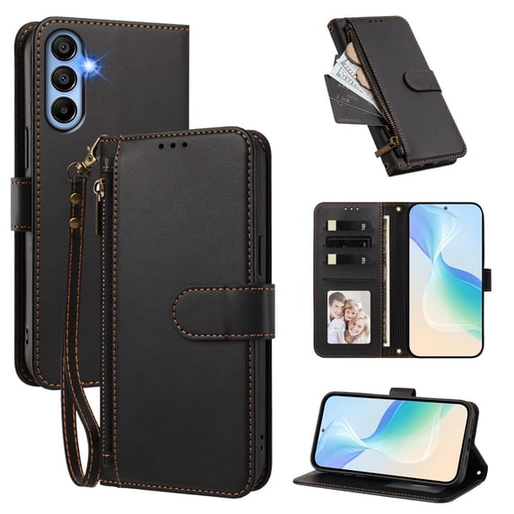 For Samsung Galaxy A35 5G 6.6-inch Wallet Case Multi-Card Slots Zipper Wallet Leather Phone Case,Black,For Galaxy A35 5G