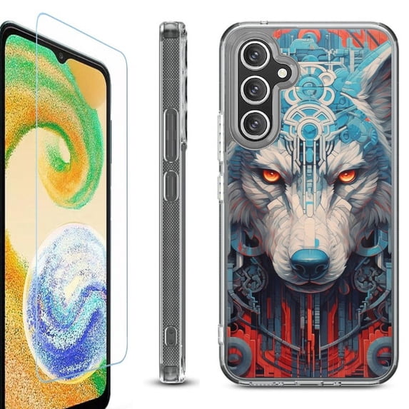 For Samsung Galaxy A35 5G Phone Case Cover, Shockproof Bumper Hybrid Case with Tempered Glass Screen Protector, by OneToughShield - Cyberpunk Wolf