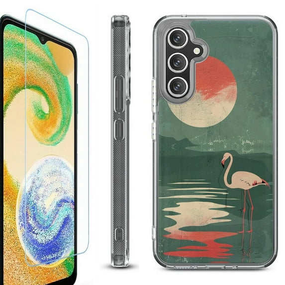 For Samsung Galaxy A35 5G Phone Case Cover, Shockproof Bumper Hybrid Case with Tempered Glass Screen Protector, by OneToughShield - Flamingo Sunset