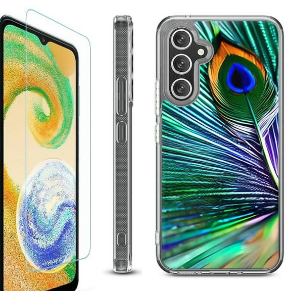 For Samsung Galaxy A35 5G Phone Case Cover, Shockproof Bumper Hybrid Case with Tempered Glass Screen Protector, by OneToughShield - Peacock Feather
