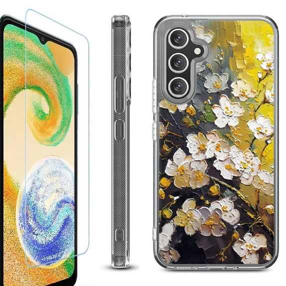 For Samsung Galaxy A35 5G Phone Case Cover, Shockproof Bumper Hybrid Case with Tempered Glass Screen Protector, by OneToughShield - Plum Flower