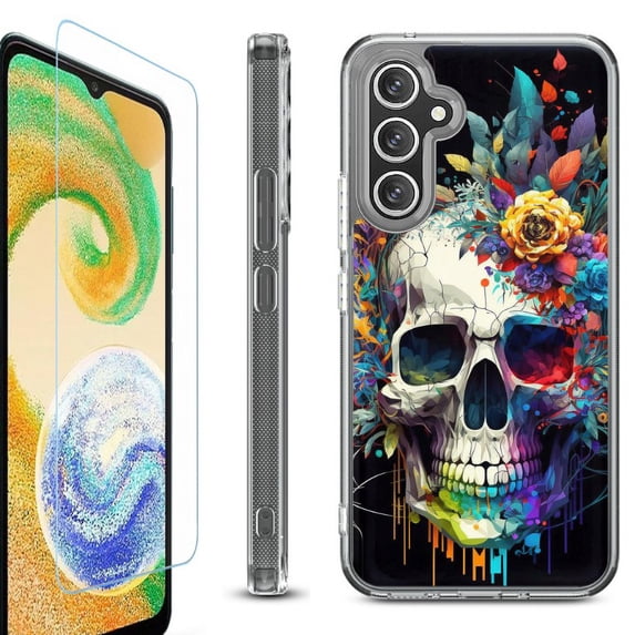 For Samsung Galaxy A35 5G Phone Case Cover, Shockproof Bumper Hybrid Case with Tempered Glass Screen Protector, by OneToughShield - Skull Flower