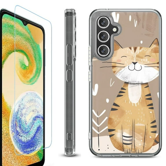 For Samsung Galaxy A35 5G Phone Case Cover, Shockproof Bumper Hybrid Case with Tempered Glass Screen Protector, by OneToughShield - Smiling Cat