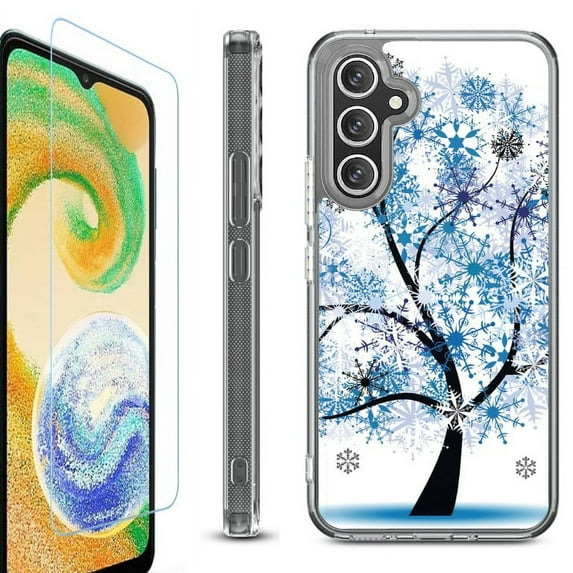 For Samsung Galaxy A35 5G Phone Case Cover, Shockproof Bumper Hybrid Case with Tempered Glass Screen Protector, by OneToughShield - Snowflakes Tree