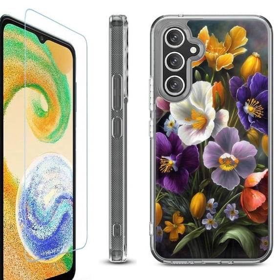 For Samsung Galaxy A35 5G Phone Case Cover, Shockproof Bumper Hybrid Case with Tempered Glass Screen Protector, by OneToughShield - Spring Flower