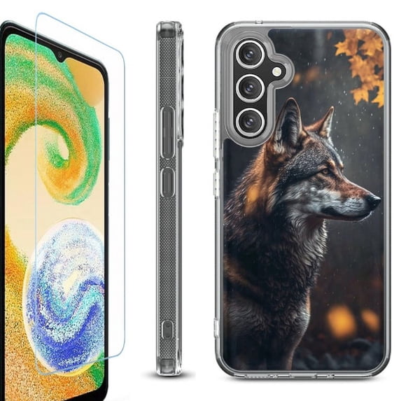 For Samsung Galaxy A35 5G Phone Case Cover, Shockproof Bumper Hybrid Case with Tempered Glass Screen Protector, by OneToughShield - Wolf Autumn