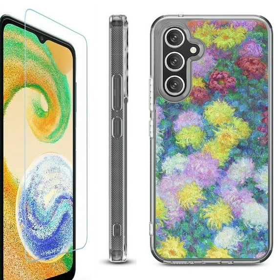 For Samsung Galaxy A36 5G Phone Case Cover, Shockproof Bumper Hybrid Case with Tempered Glass Screen Protector, by OneToughShield - Chrysanthemums