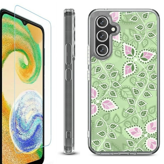 For Samsung Galaxy A36 5G Phone Case Cover, Shockproof Bumper Hybrid Case with Tempered Glass Screen Protector, by OneToughShield - Leaf Pink Green
