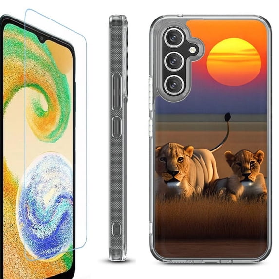 For Samsung Galaxy A36 5G Phone Case Cover, Shockproof Bumper Hybrid Case with Tempered Glass Screen Protector, by OneToughShield - Lion Sunset