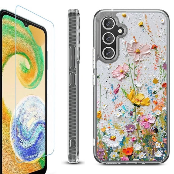 For Samsung Galaxy A36 5G Phone Case Cover, Shockproof Bumper Hybrid Case with Tempered Glass Screen Protector, by OneToughShield - Pastel Flowers