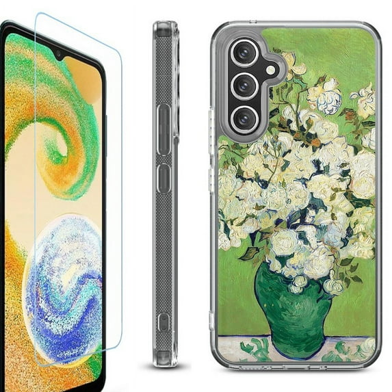 For Samsung Galaxy A36 5G Phone Case Cover, Shockproof Bumper Hybrid Case with Tempered Glass Screen Protector, by OneToughShield - White Roses