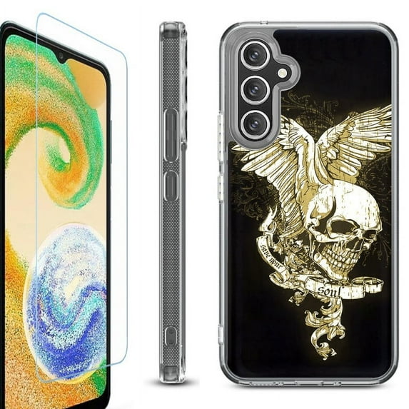 For Samsung Galaxy A36 5G Phone Case Cover, Shockproof Bumper Hybrid Case with Tempered Glass Screen Protector, by OneToughShield - Wing Skull